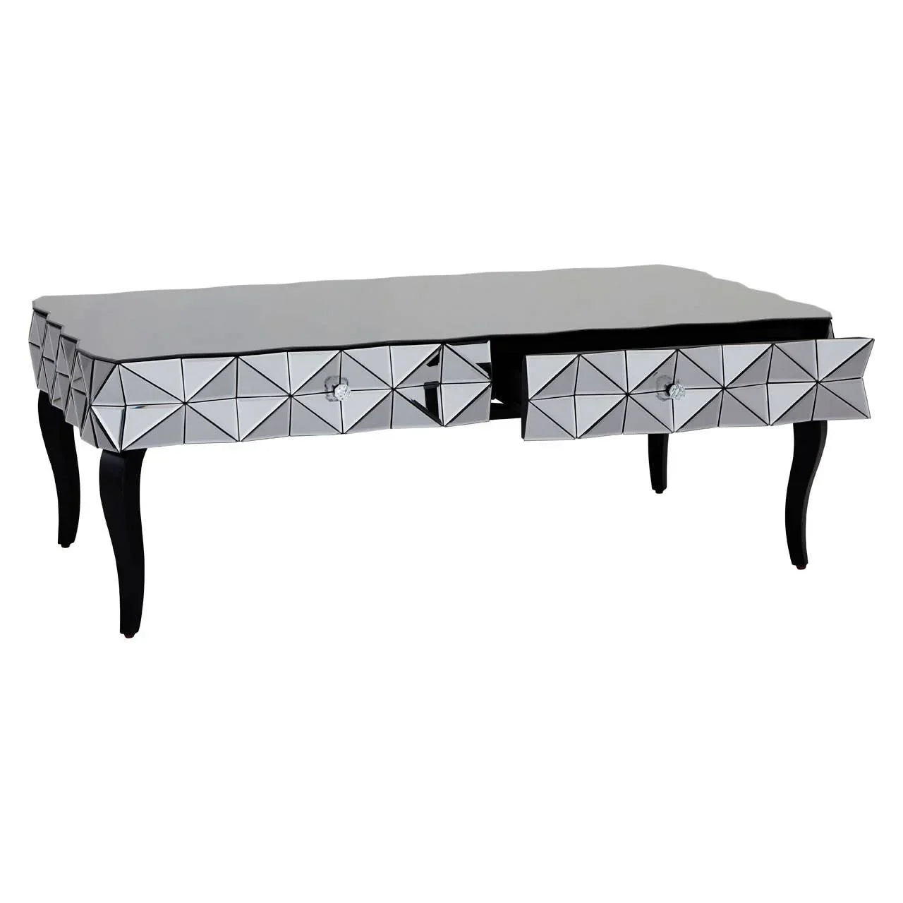 Mirrored coffee table with geometric drawer fronts and curved black legs, angled view