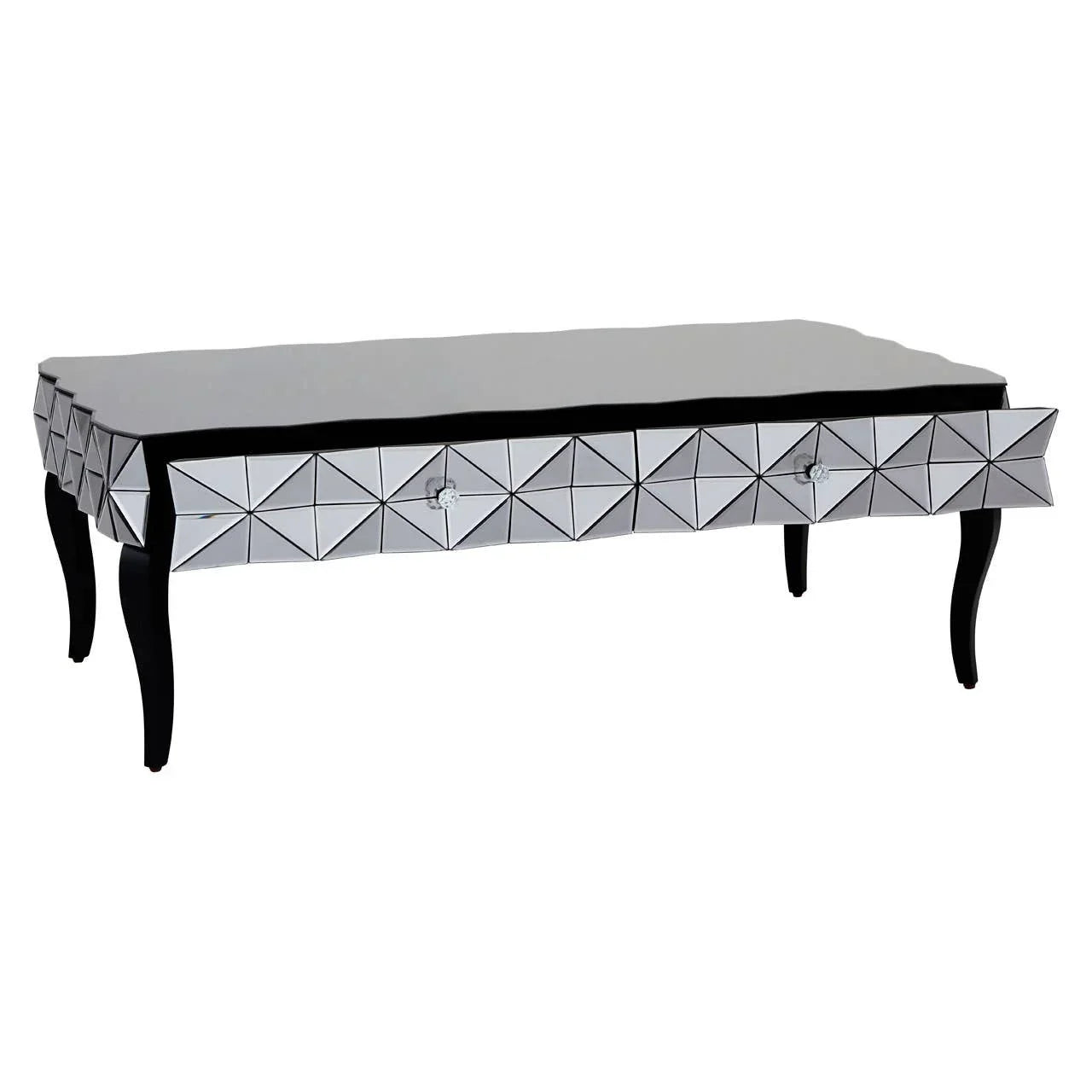 Mirrored coffee table with geometric drawer front and black curved legs