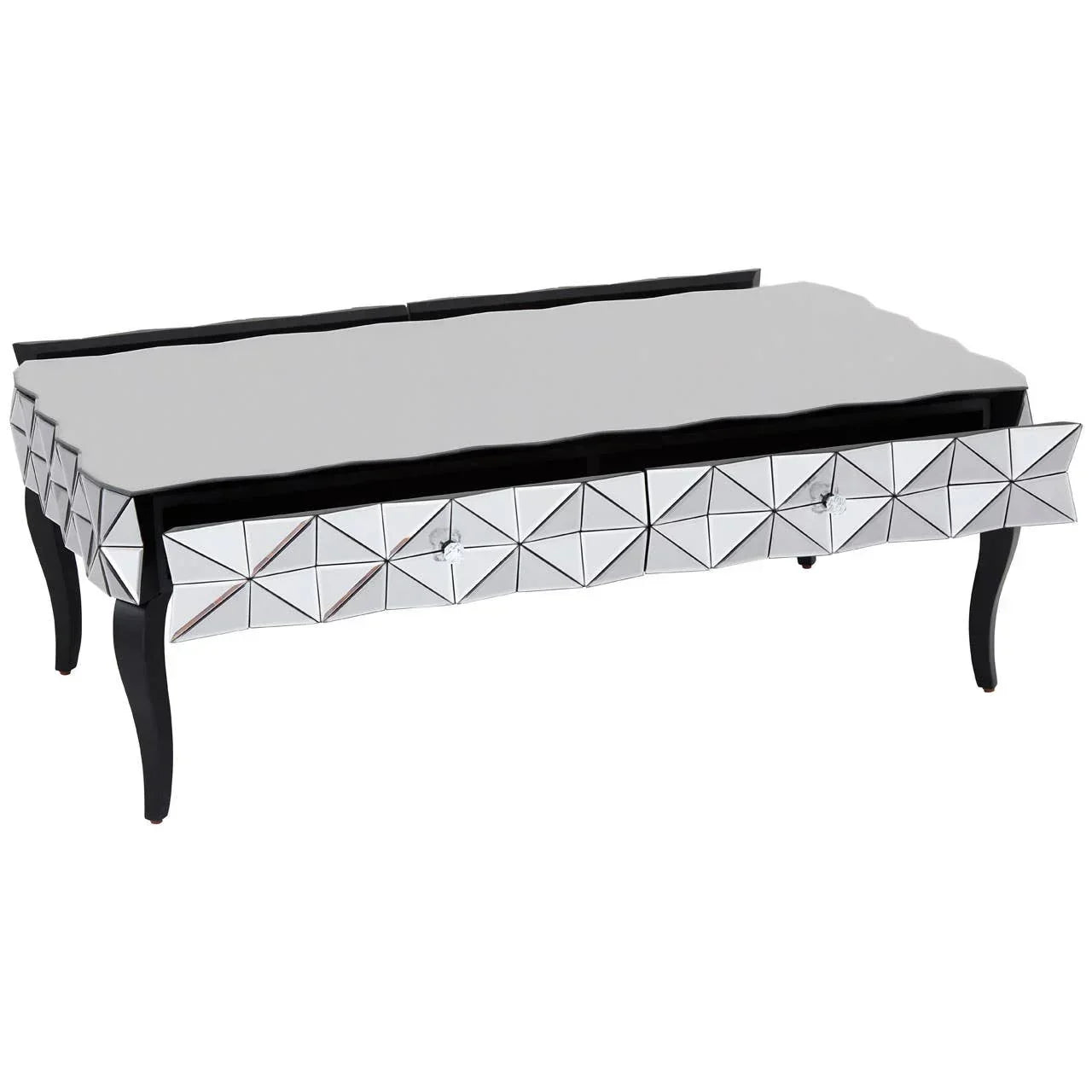 Mirrored coffee table with geometric drawer fronts and black curved legs