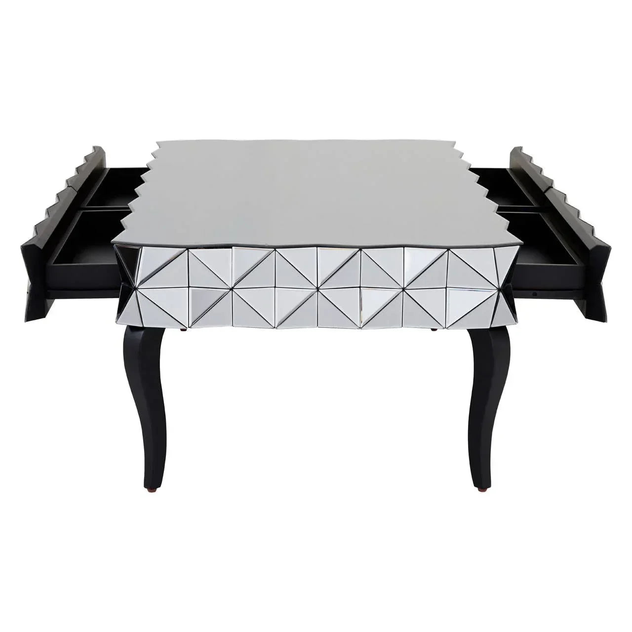 Mirrored coffee table with geometric front, black legs, and open storage drawers on each side