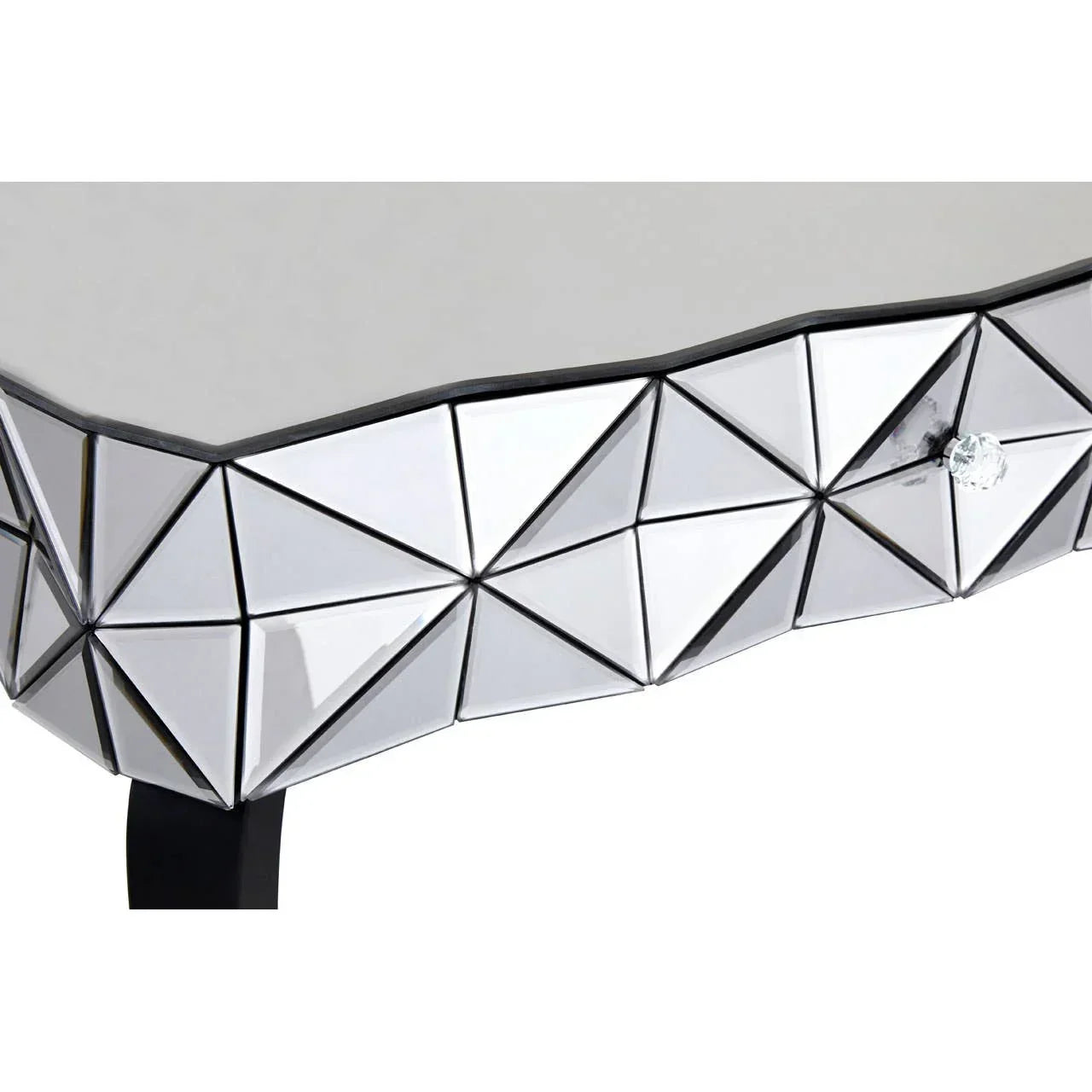 Mirrored console table with geometric pattern and crystal handle, close-up view
