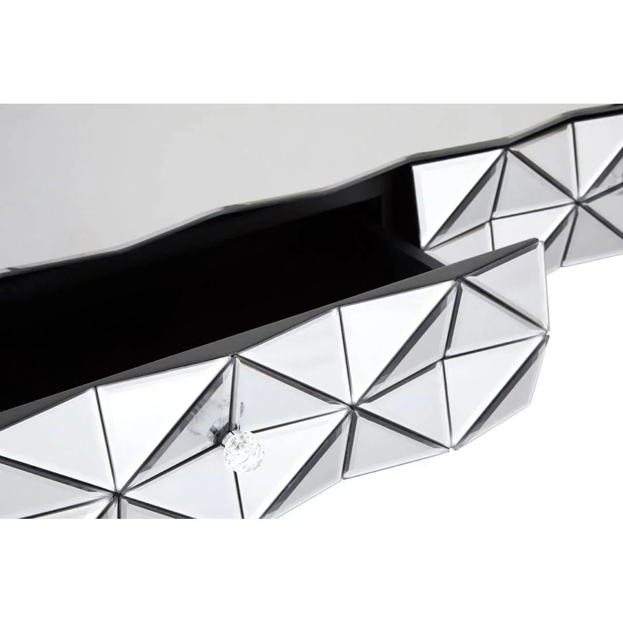Geometric mirrored drawer front with crystal knob and open storage compartment