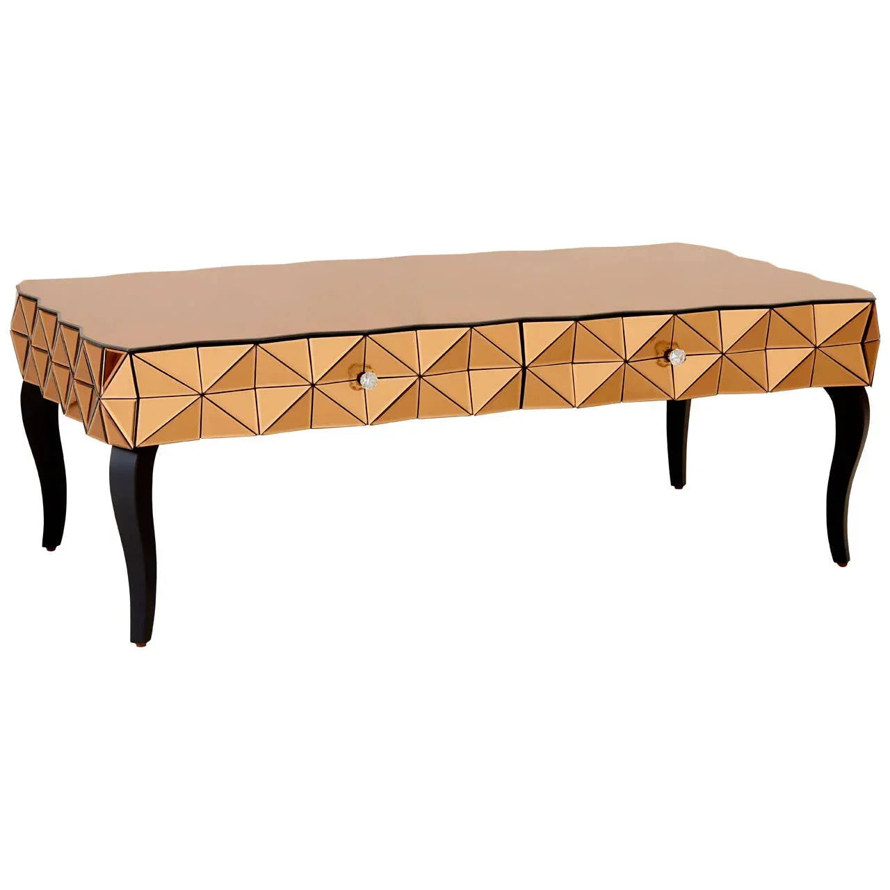 Gold mirrored coffee table with black curved legs and geometric drawer front design