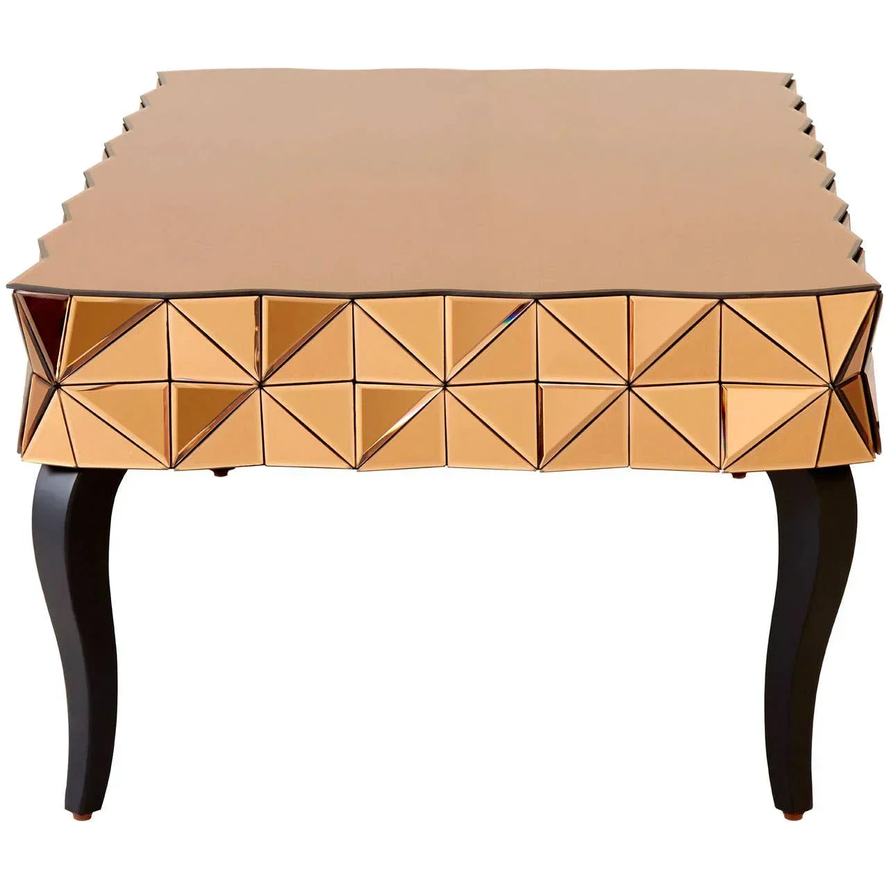 Gold mirrored coffee table with geometric faceted sides and curved black legs