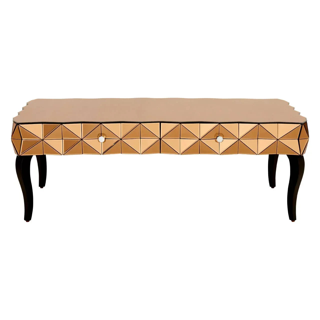 Gold mirrored coffee table with geometric drawer fronts and curved black legs