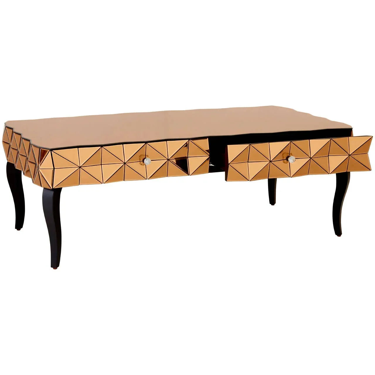 Gold mirrored coffee table with geometric pattern and two open drawers, curved black legs