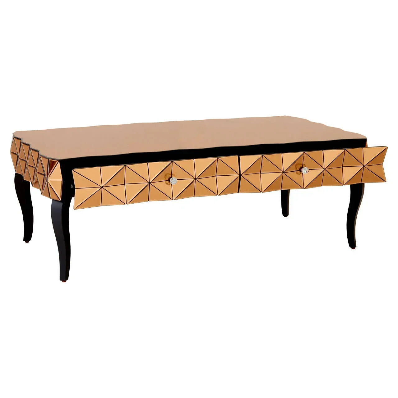 Gold geometric coffee table with black curved legs and front storage drawers