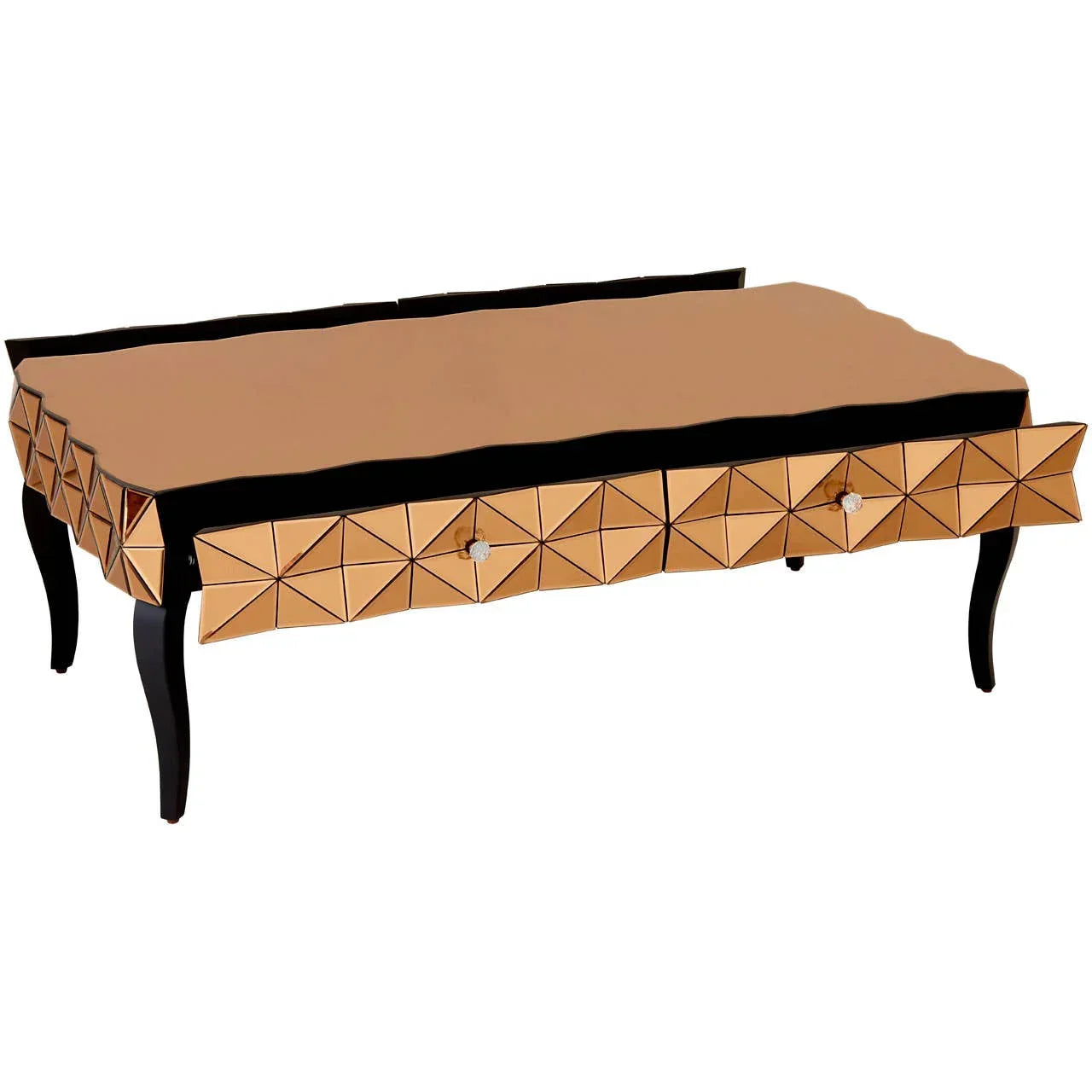 Geometric gold mirrored coffee table with black curved legs and crystal drawer handles