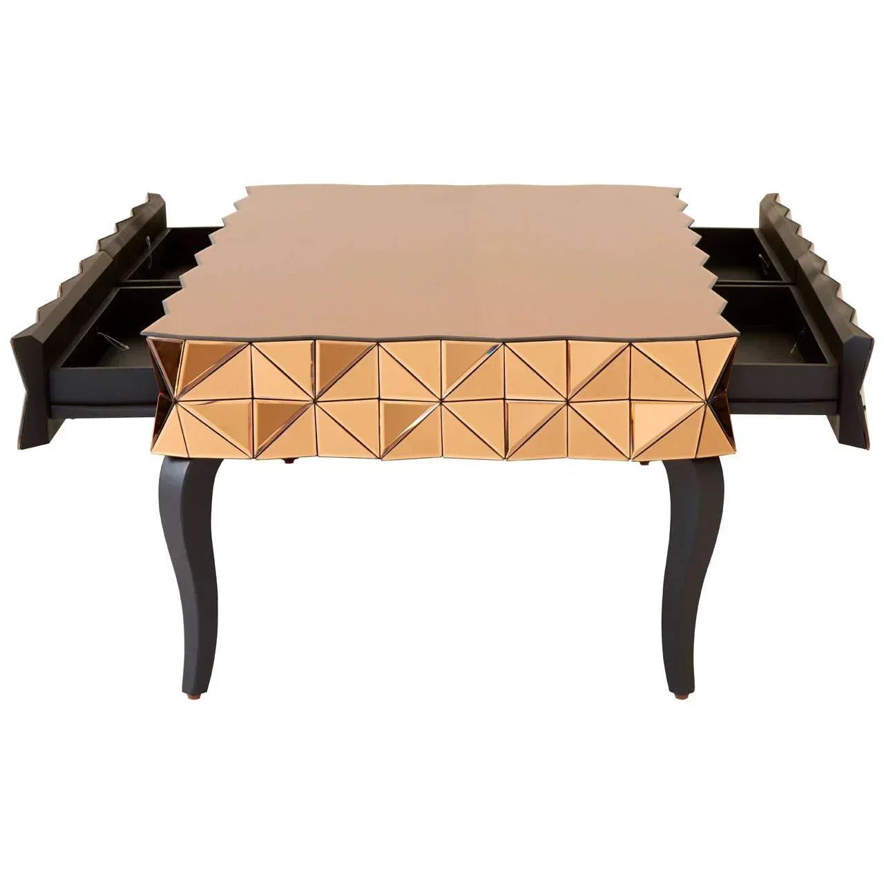 Gold mirrored coffee table with geometric drawer fronts and black curved legs