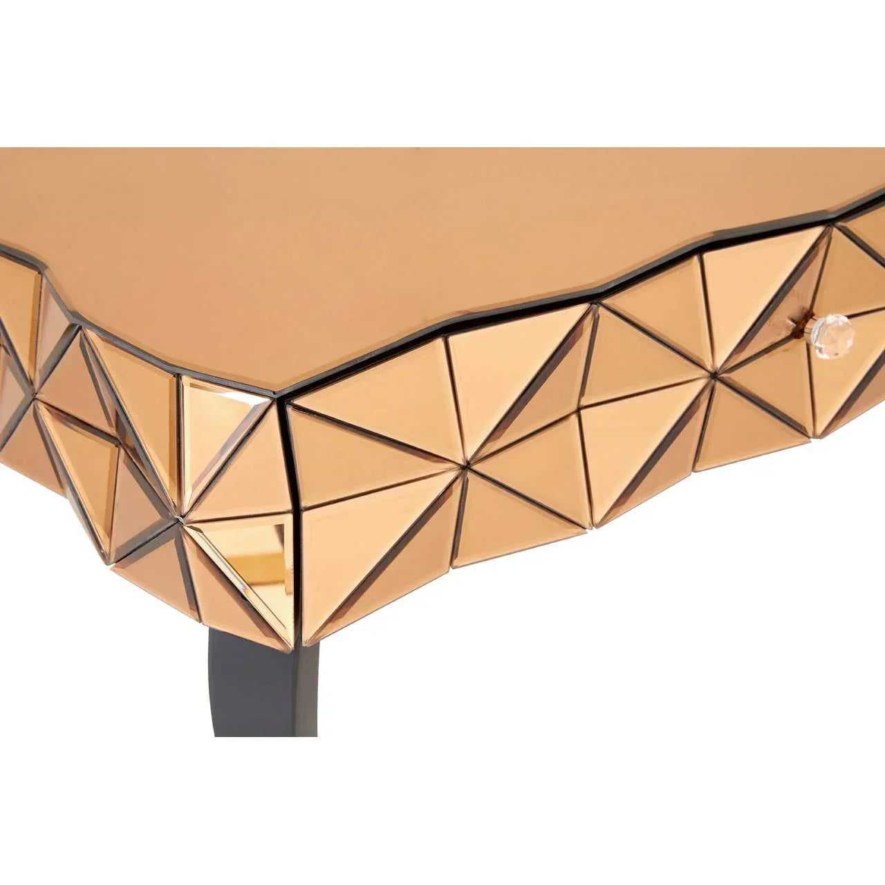 Geometric gold mirrored console table with faceted drawer and black leg detail