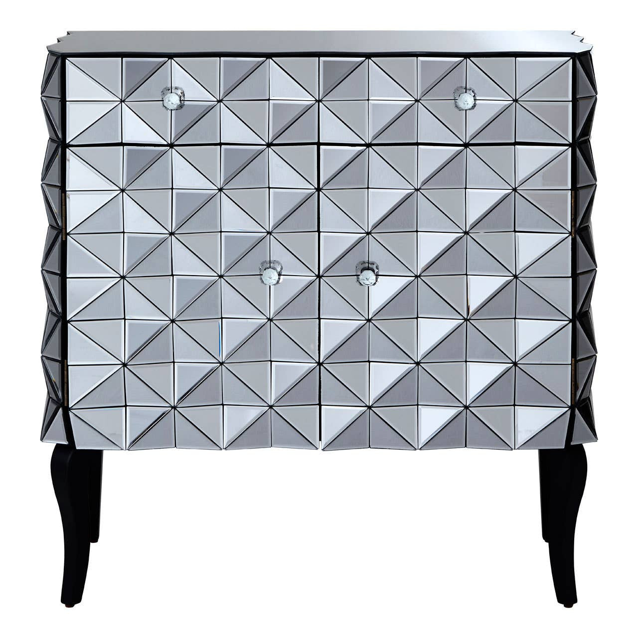 A stylish sideboard featuring a silver finish with a geometric diamond pattern on the front, two drawers, and two doors. The sideboard stands on four slender black legs, adding a modern touch to any home decor