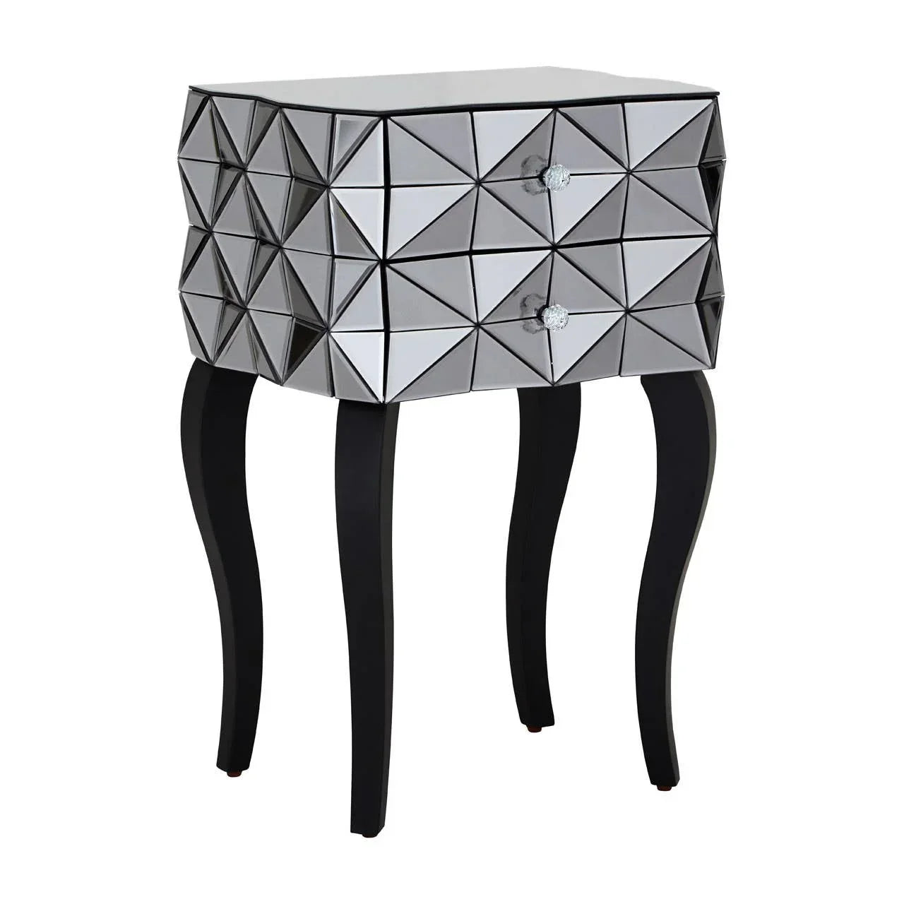 Mirrored bedside table with geometric drawers and crystal knobs on curved black legs