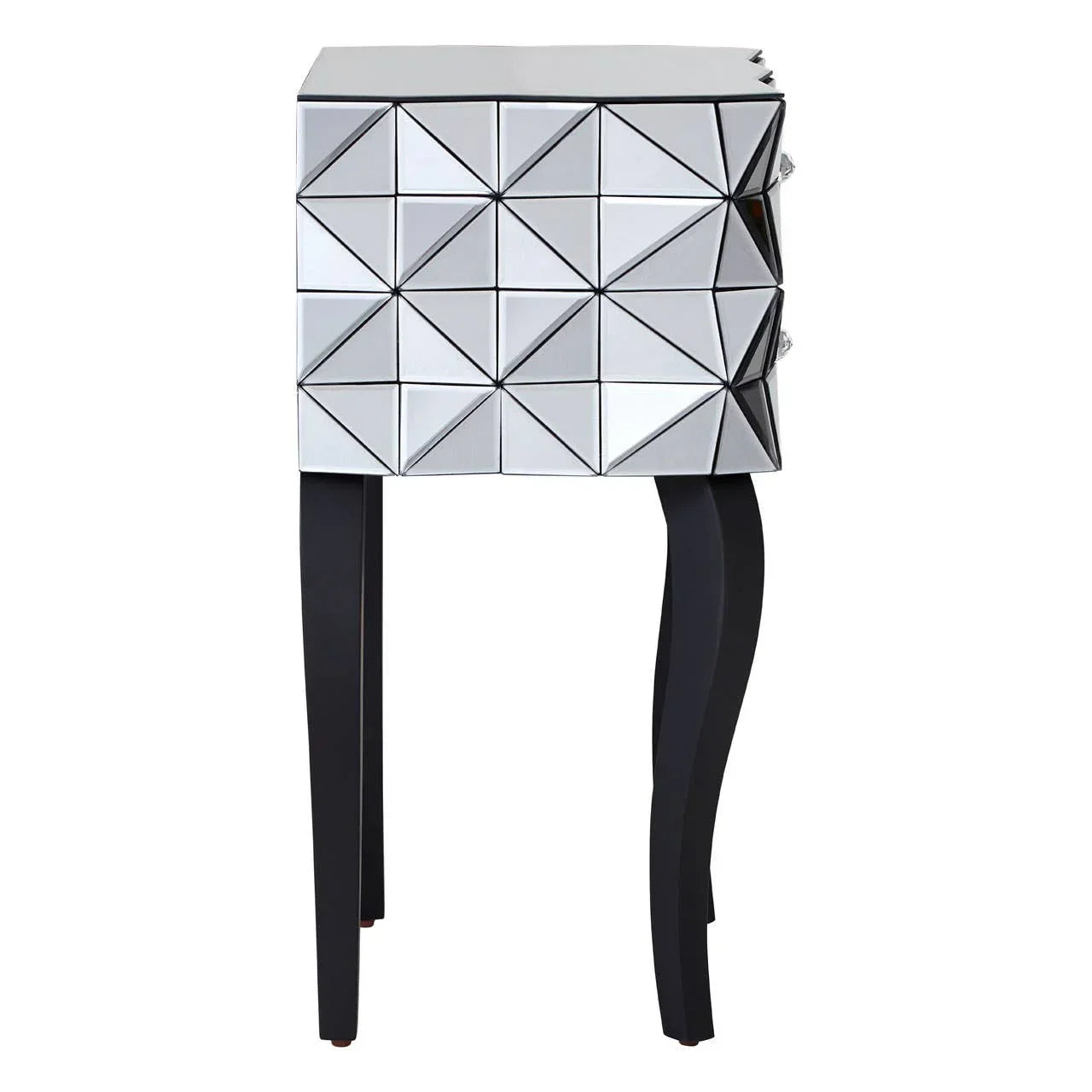 Mirrored bedside table with geometric pattern and black curved legs, front angle view