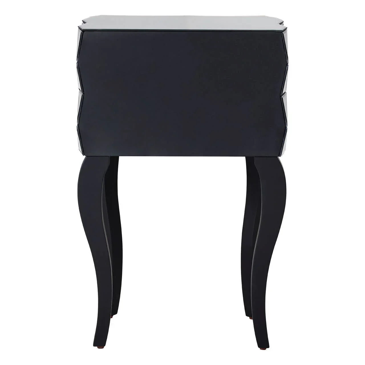 Black mirrored bedside table with curved legs and a modern square design