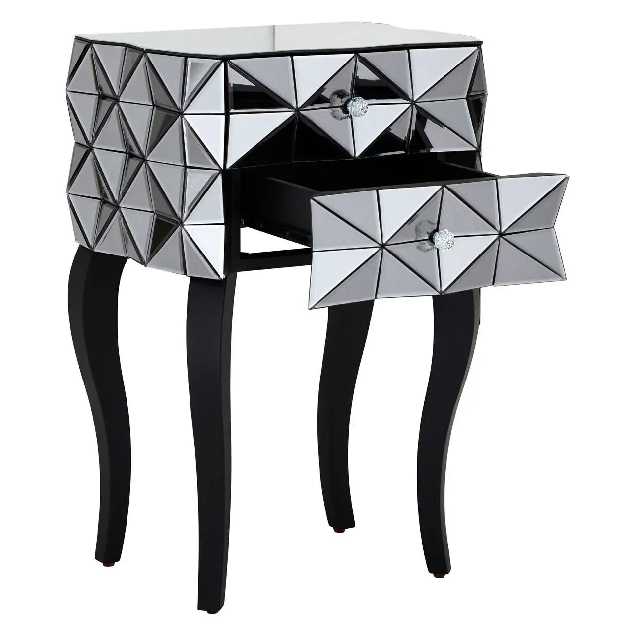 Mirrored bedside table with geometric drawers and black curved legs, one drawer open