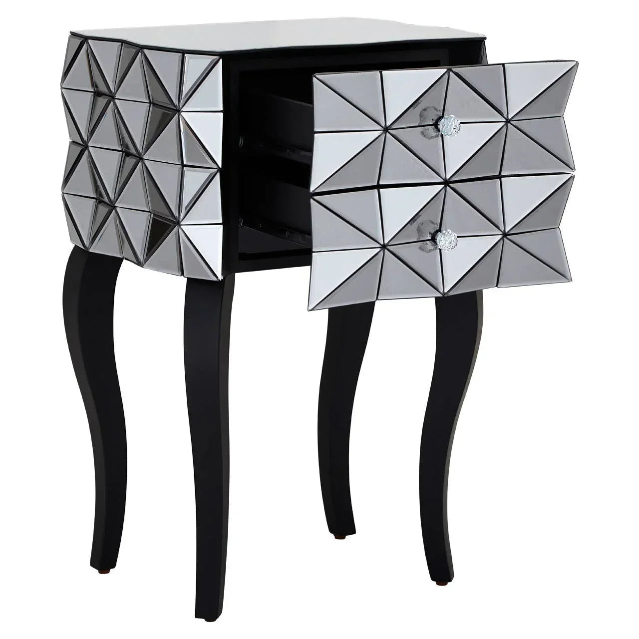 Mirrored bedside table with geometric drawer fronts and curved black legs, one drawer open
