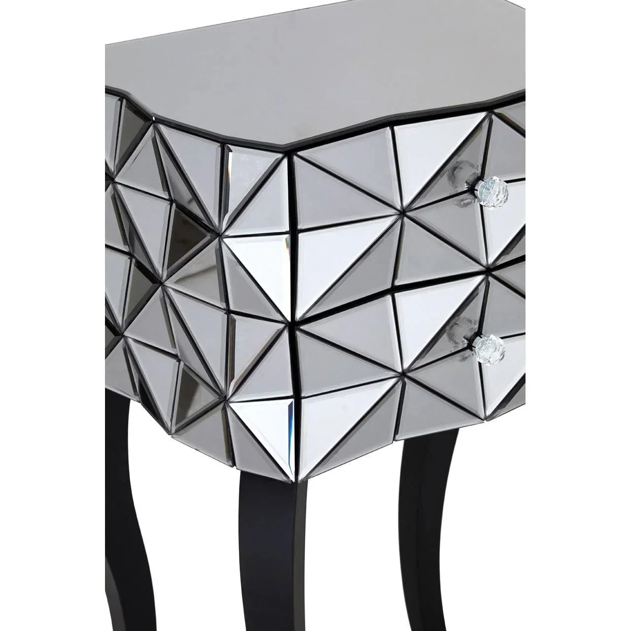 Mirrored bedside table with geometric drawer fronts and curved black legs