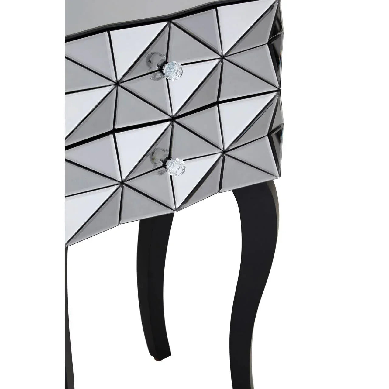 Mirrored bedside table with geometric drawers and black curved legs, crystal drawer knobs