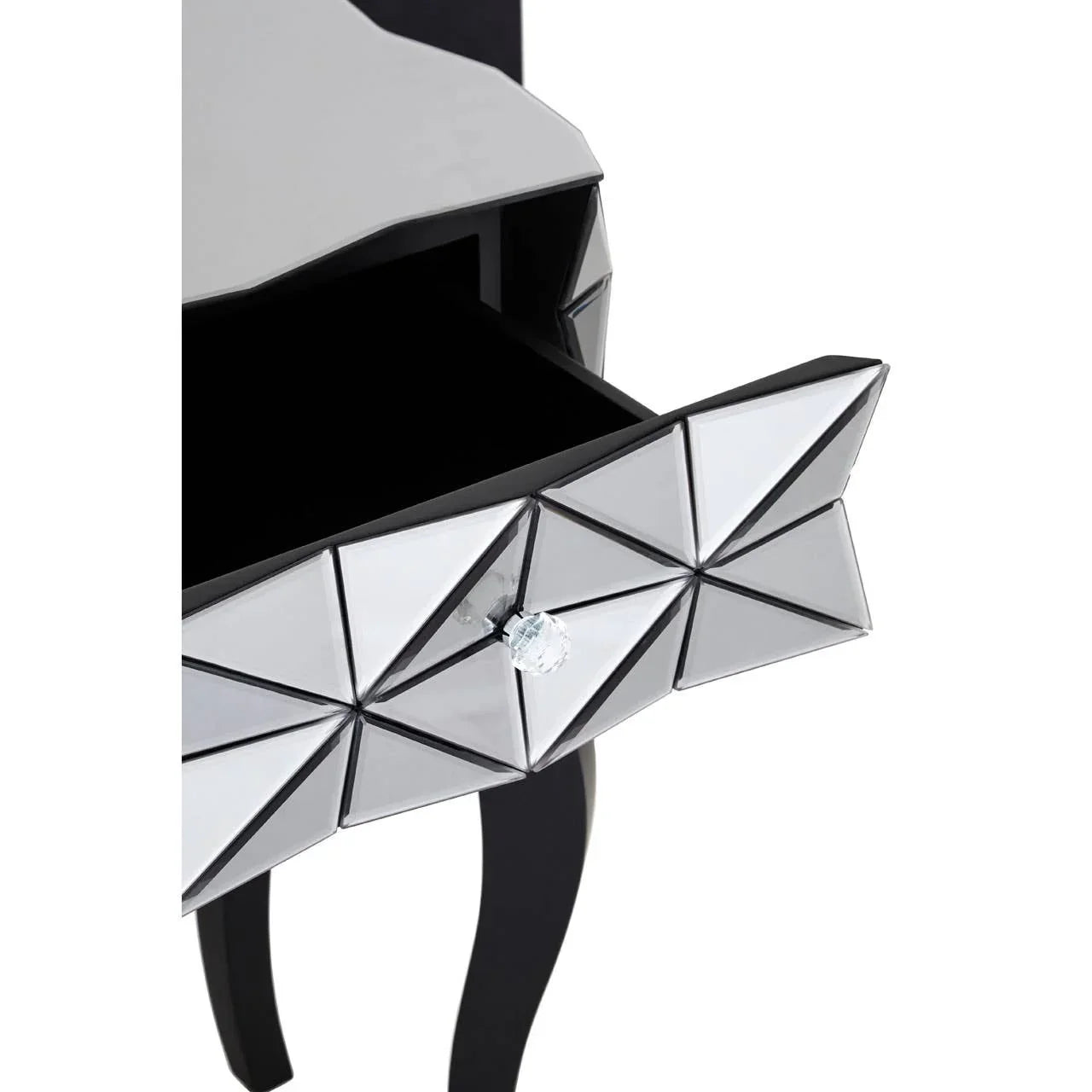 Mirrored drawer front on geometric bedside table with crystal knob and curved black legs