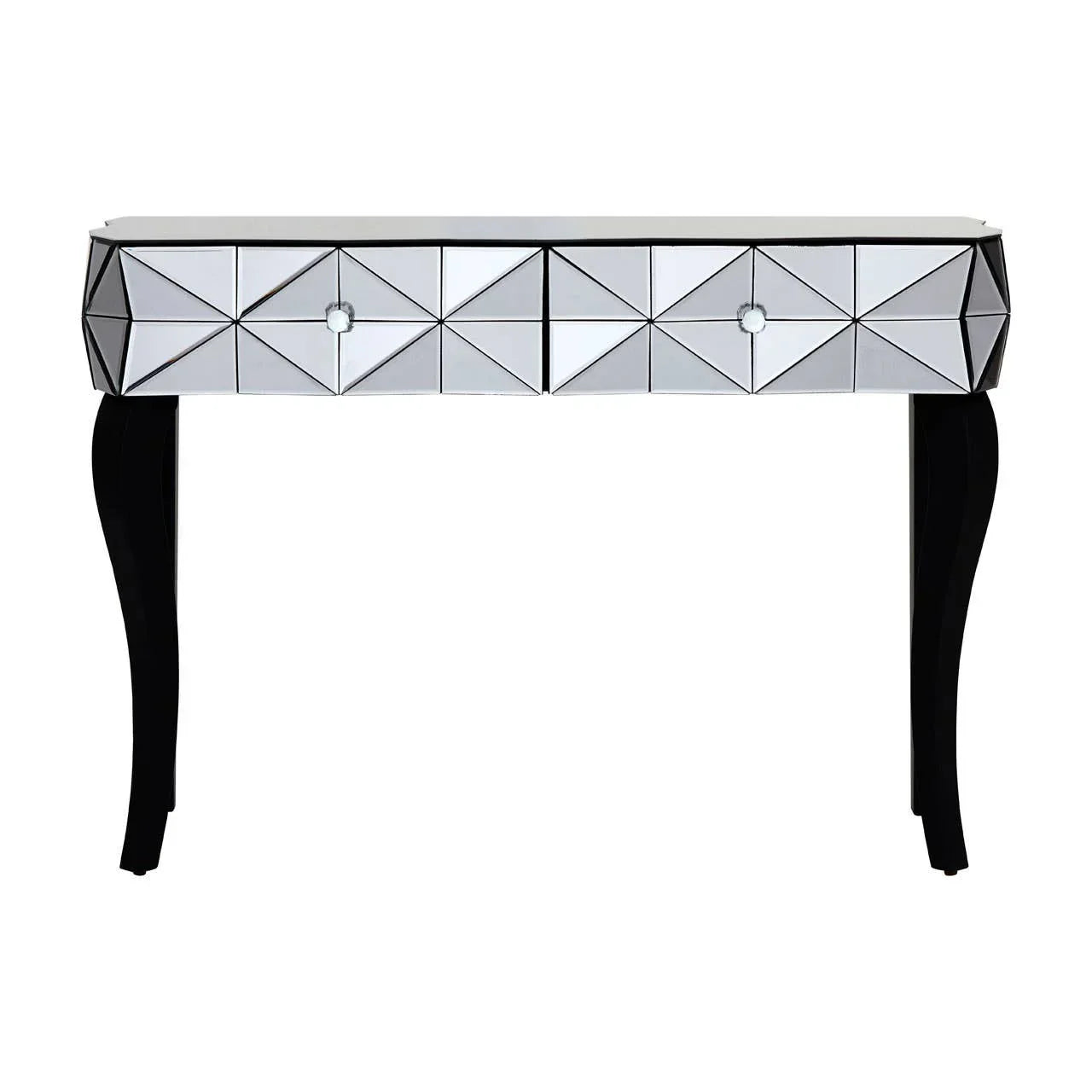 Mirrored console table with geometric front panels and black curved legs