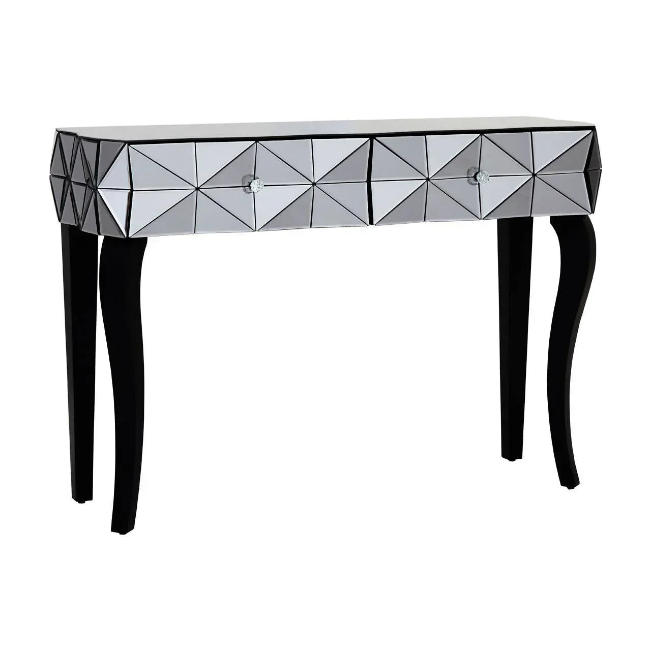 Geometric mirrored console table with two drawers and curved black legs
