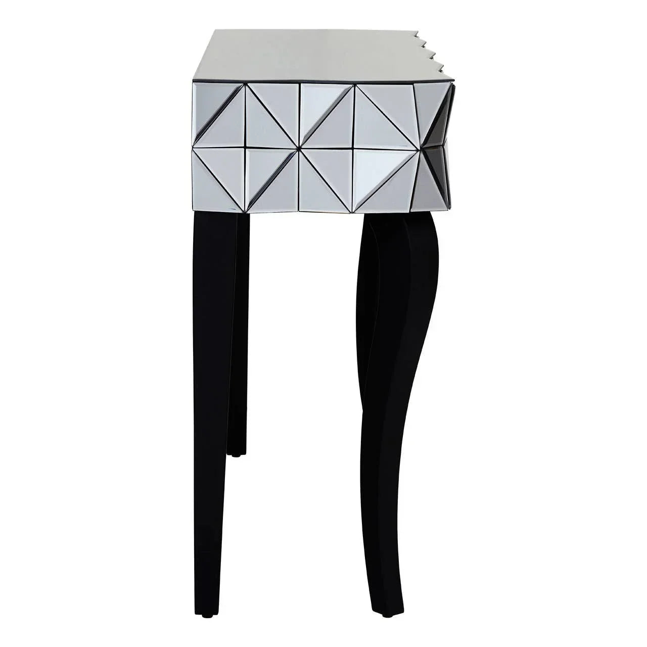 Mirrored console table with geometric drawer front and black curved legs, side angle view