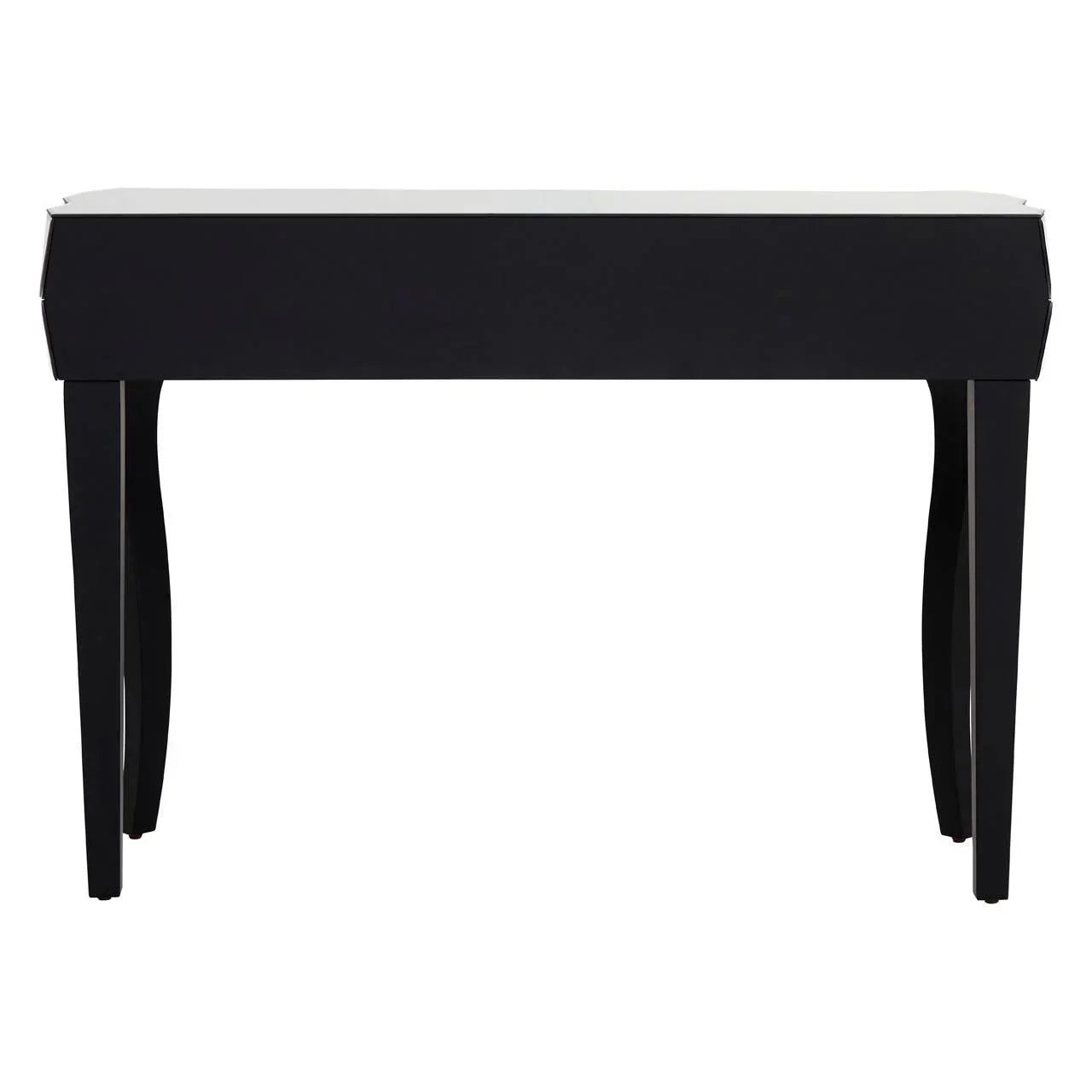 Black console table with mirrored top and curved legs, front view
