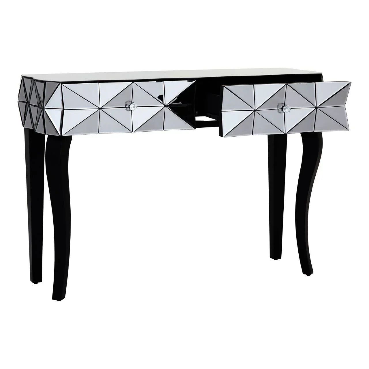Mirrored console table with geometric drawer fronts and curved black legs, drawers open