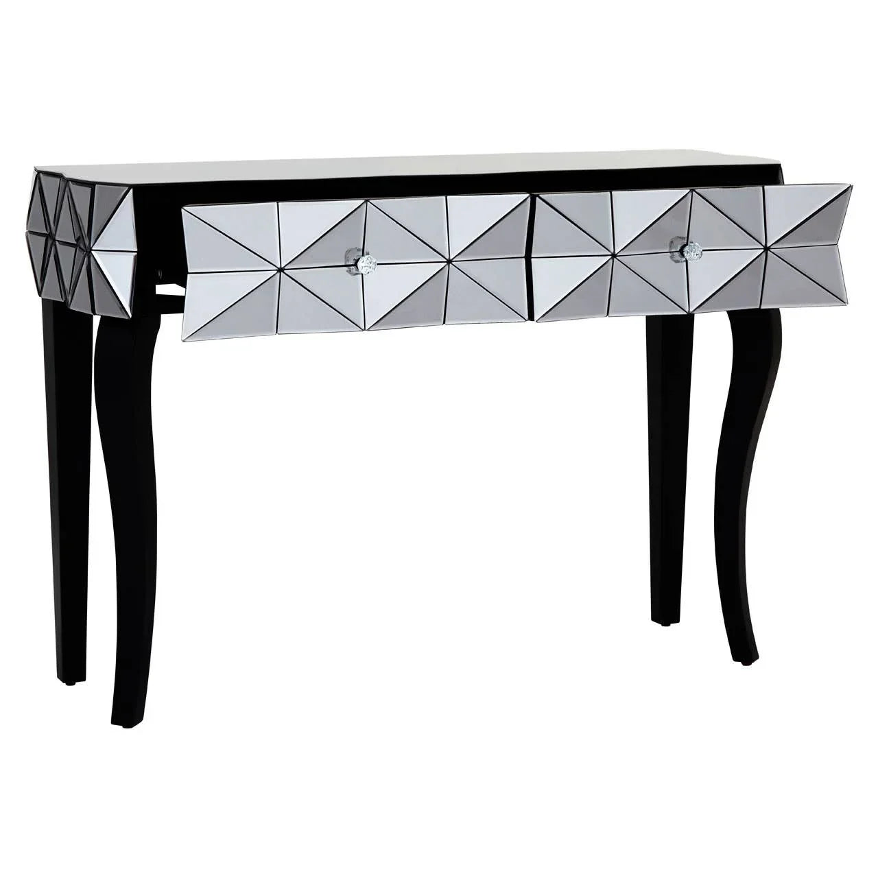 Mirrored console table with geometric front panels and black curved legs