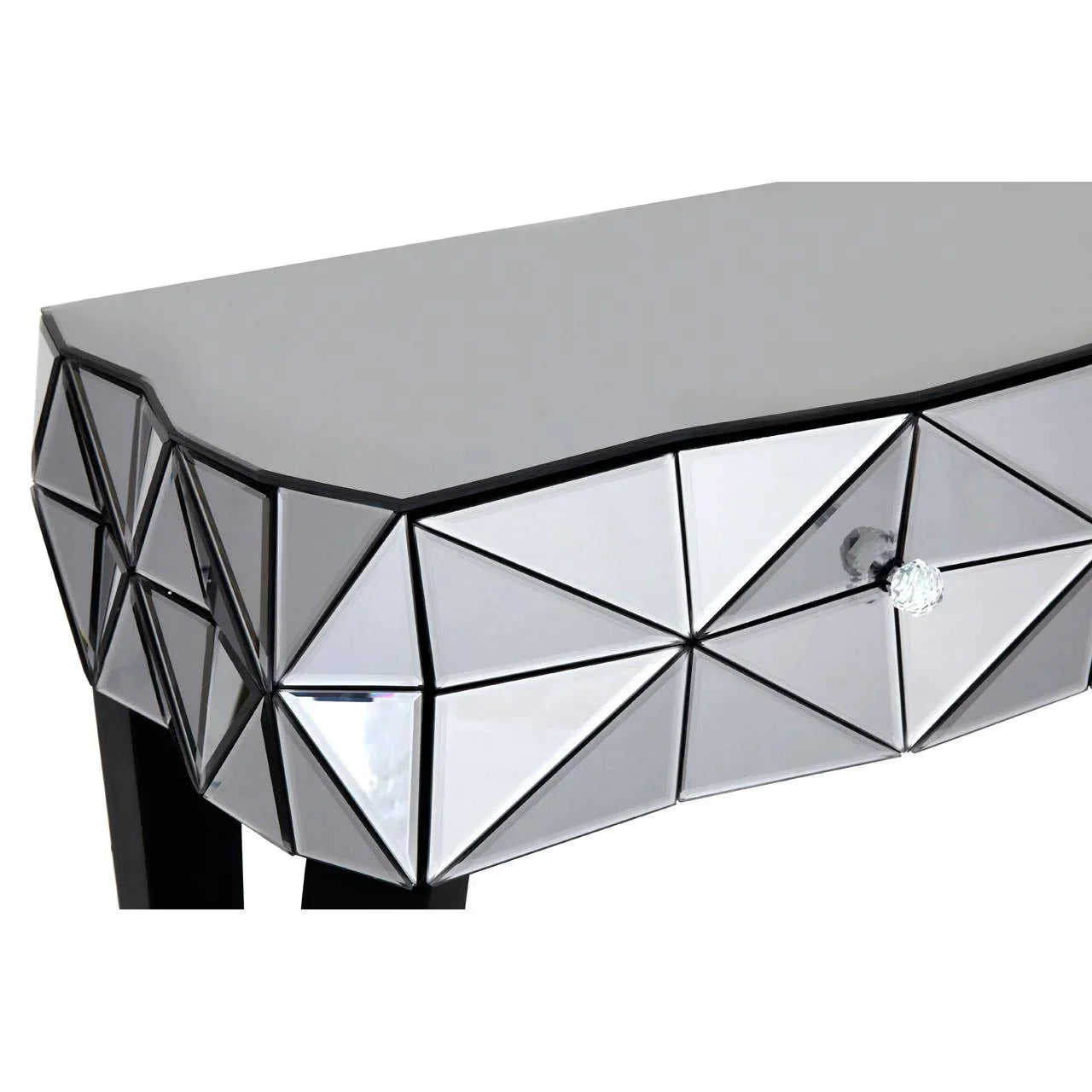 Mirrored geometric console table with faceted drawer front and crystal knob