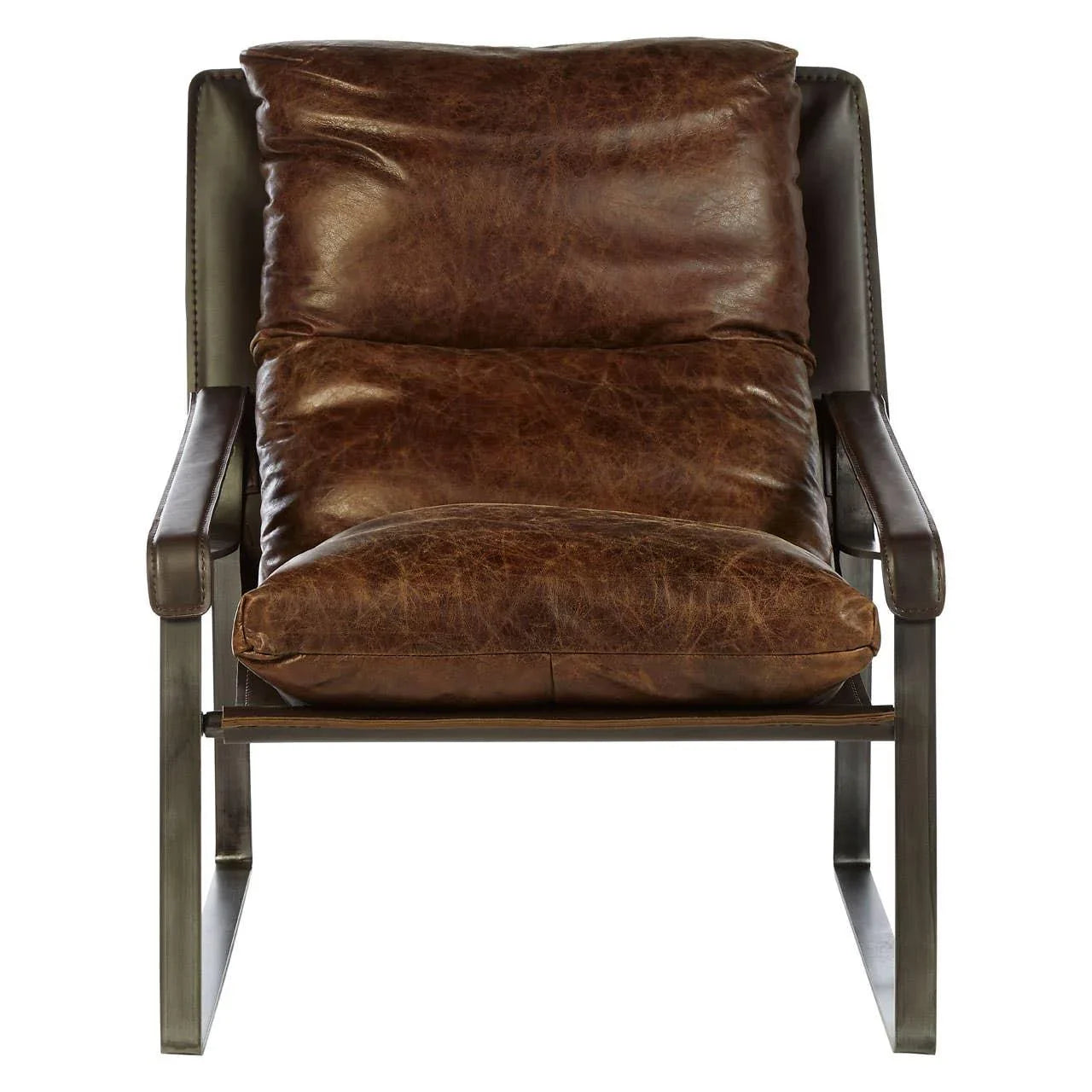 Brown leather armchair with metal frame and plush cushions, front view