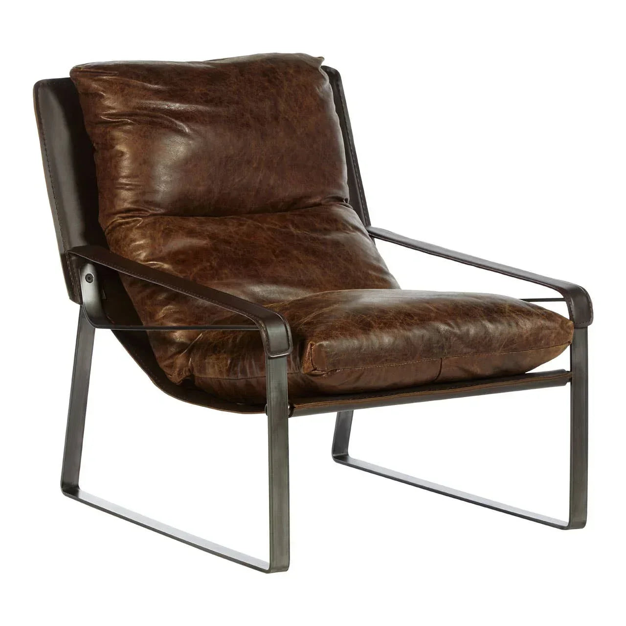 Brown leather armchair with metal frame and cushioned seat, angled front view