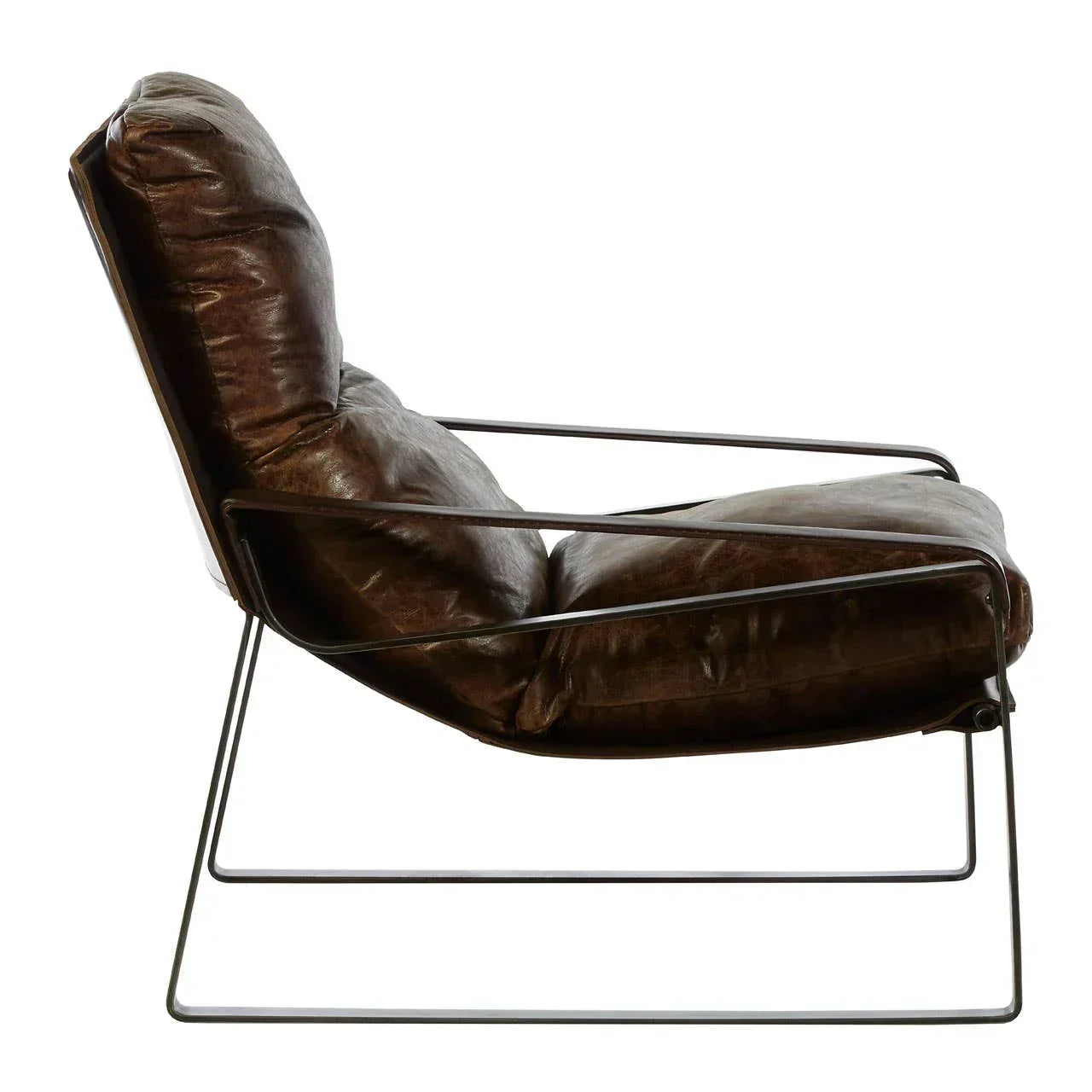 Brown leather armchair with metal frame side view