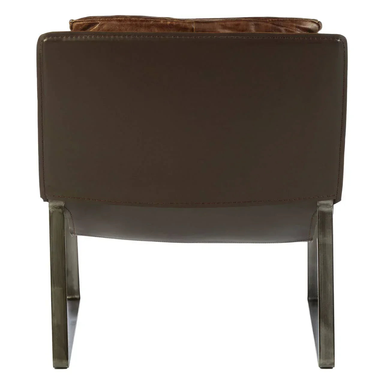 Brown leather accent chair with metal legs shown from the back