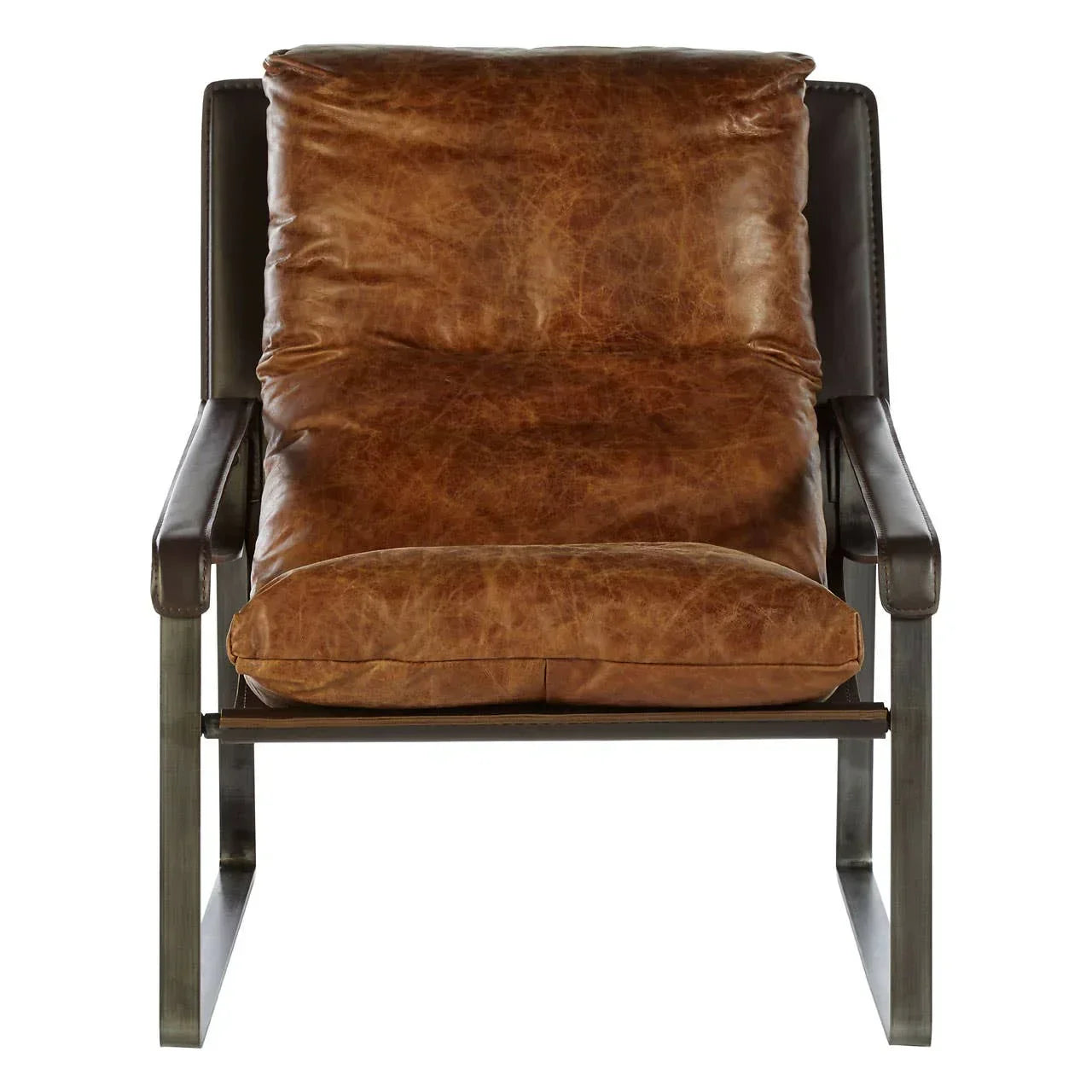 Brown leather accent chair with metal frame and padded seat, front view