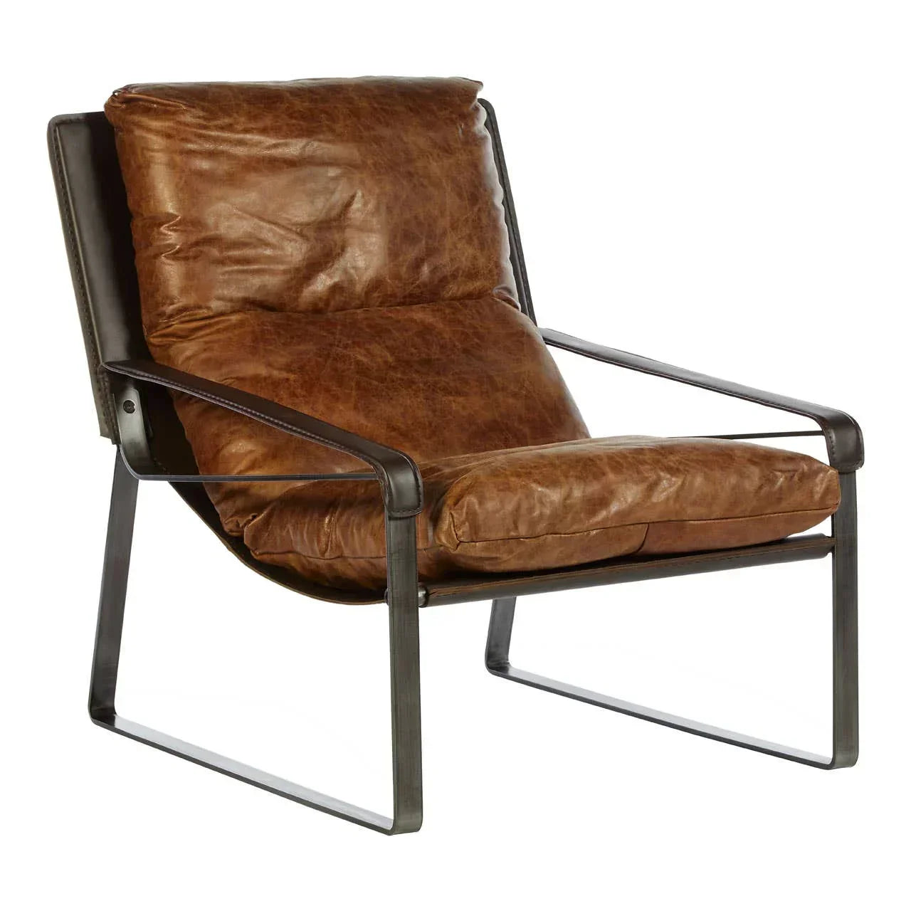 Brown leather armchair with metal frame and cushioned seat, angled front view