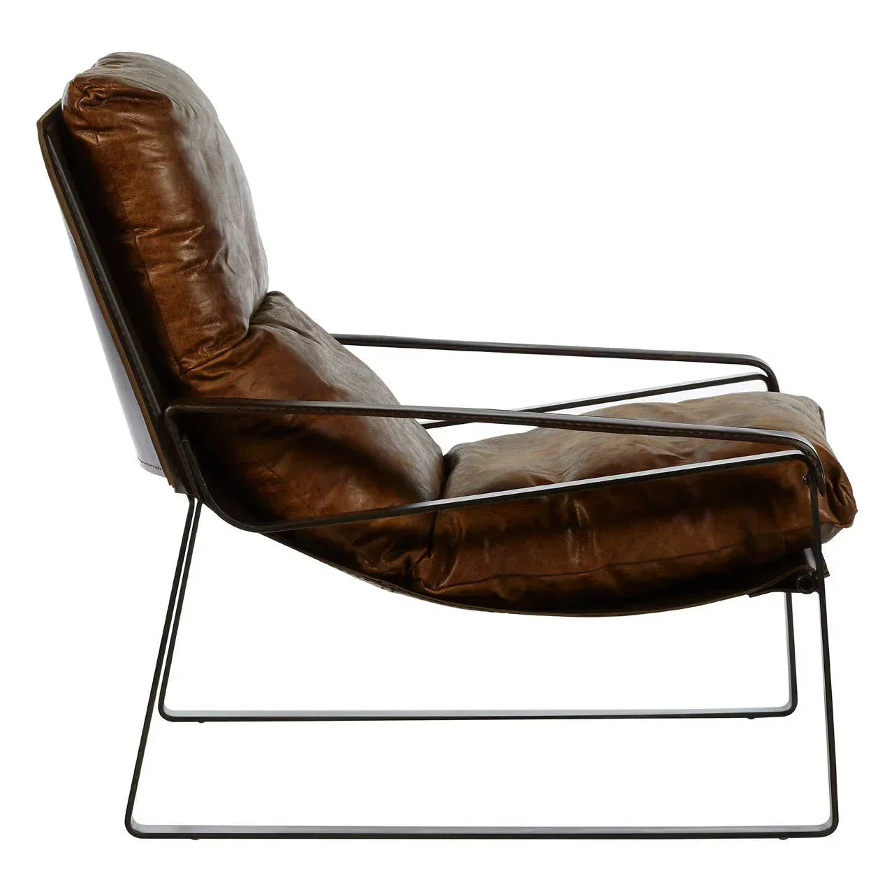 Brown leather accent chair with black metal frame, side view