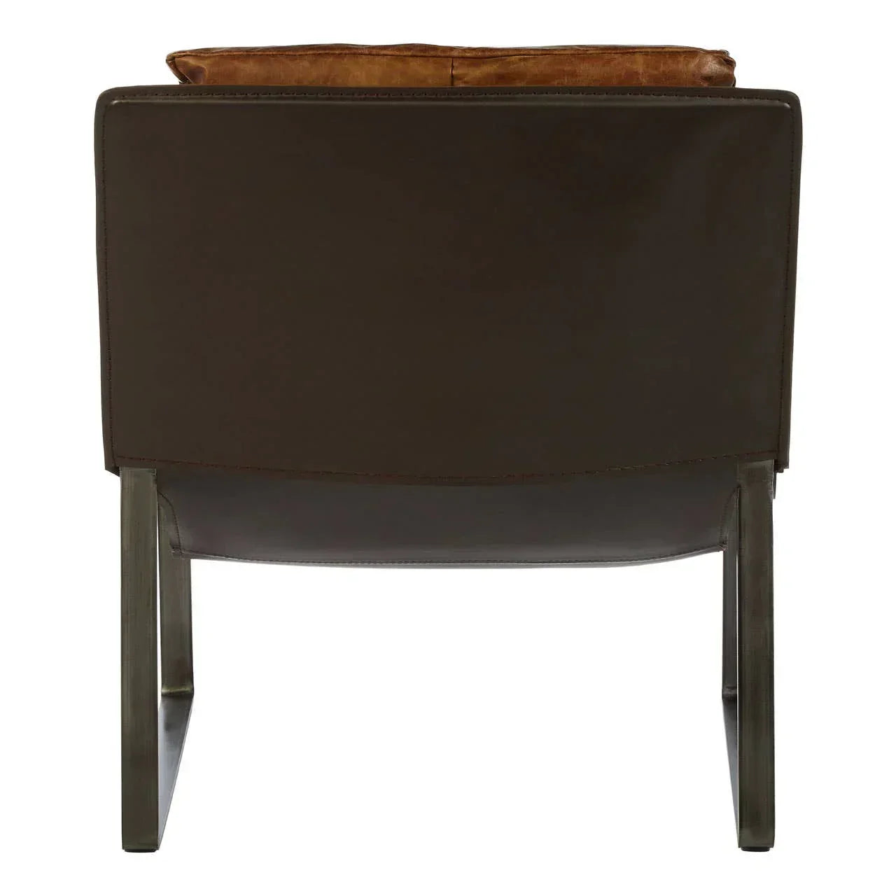 Back view of brown leather accent chair with metal legs and tan headrest cushion