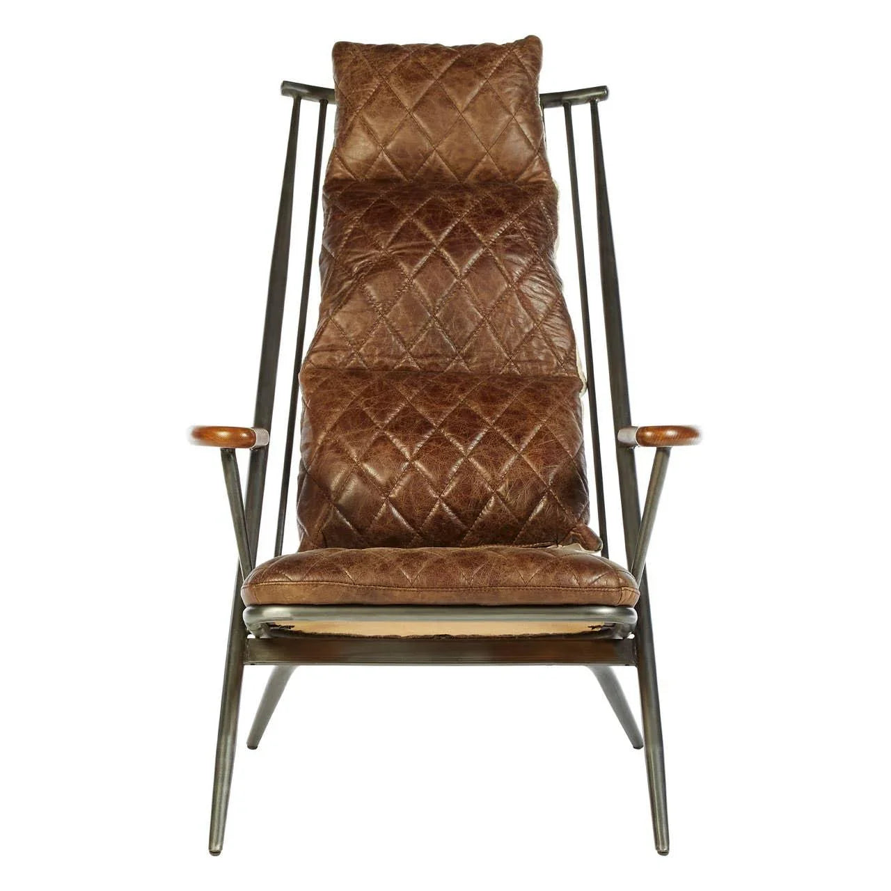Brown leather accent chair with metal frame and quilted diamond pattern, front view