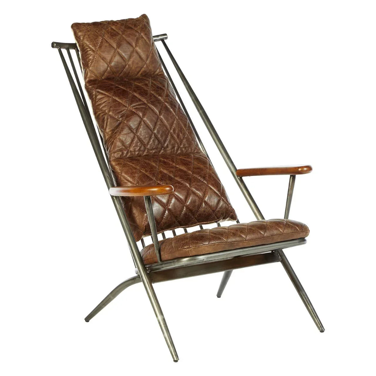 Brown leather accent chair with quilted cushion, metal frame, and wooden armrests