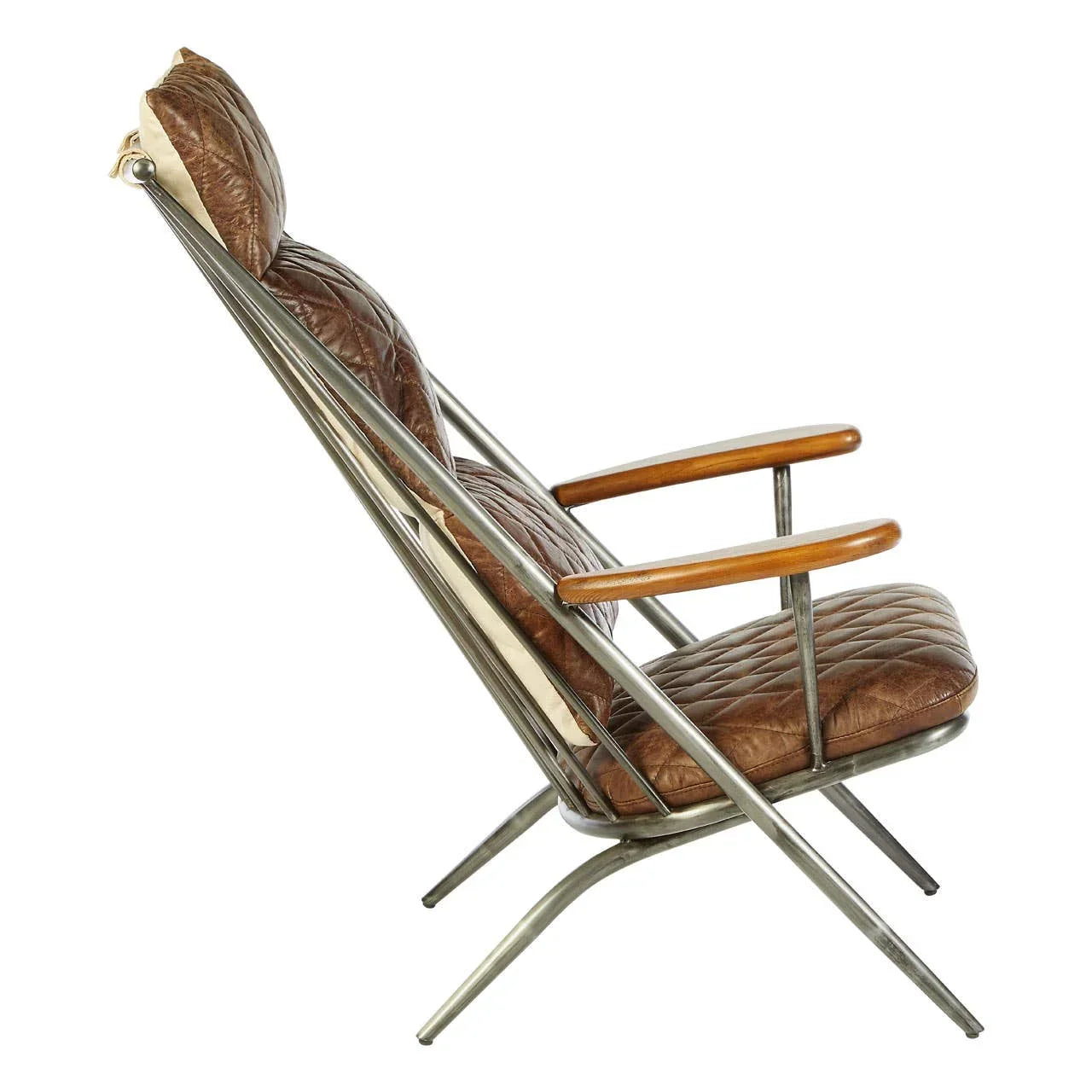 Brown leather armchair with quilted cushioning, metal frame and wooden armrests, side view
