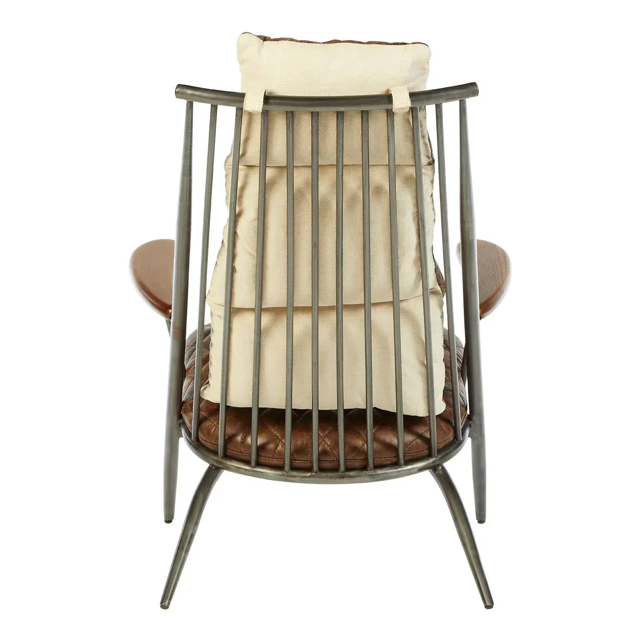 Metal frame accent chair with cream cushion and brown padded seat, rear view