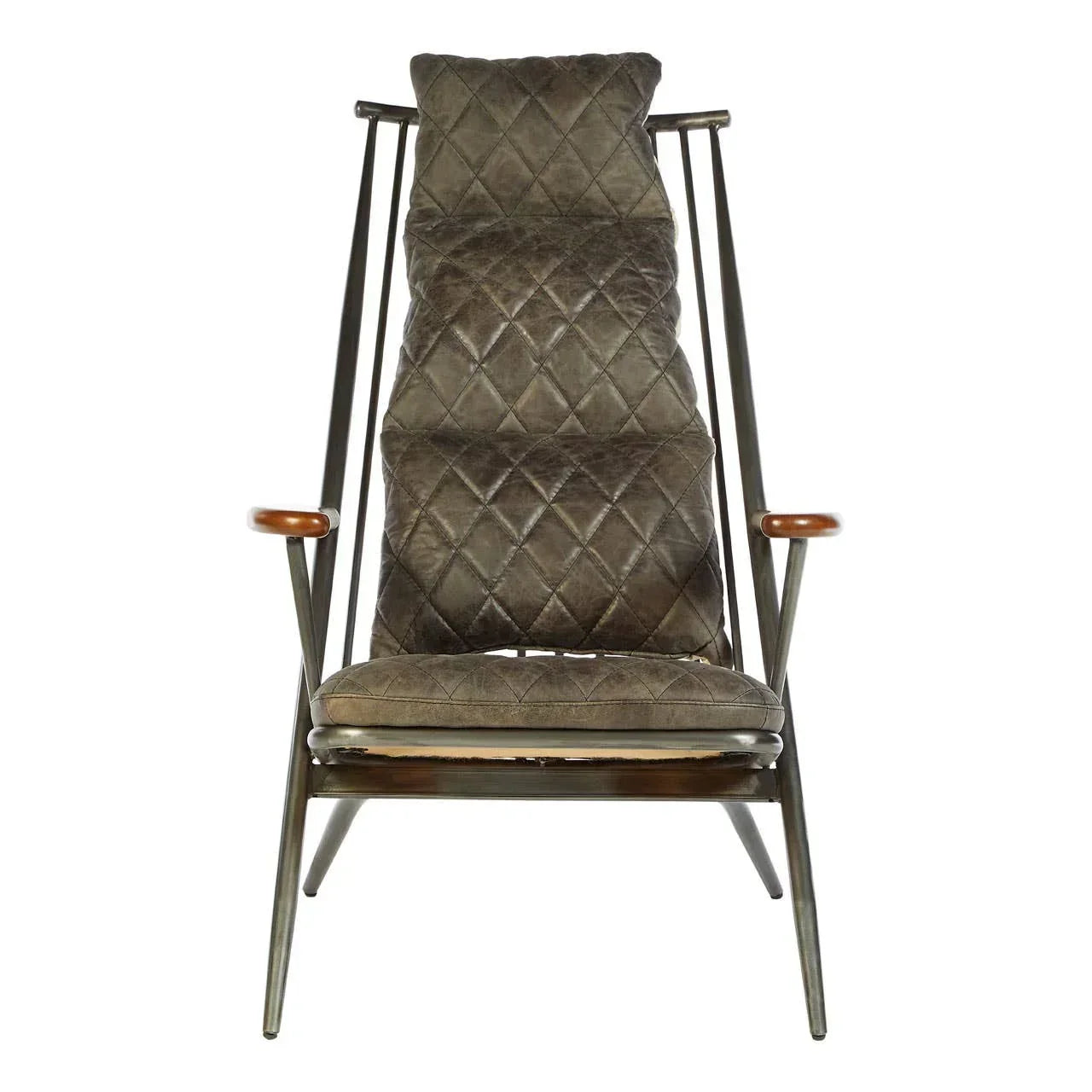 Mid-century accent chair with quilted brown leather upholstery and metal frame, front view