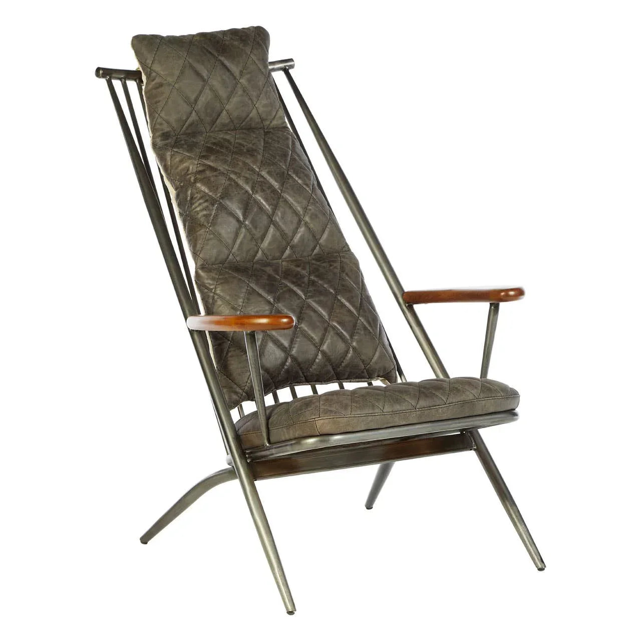 Quilted leather accent chair with metal frame and wooden armrests, angled side view