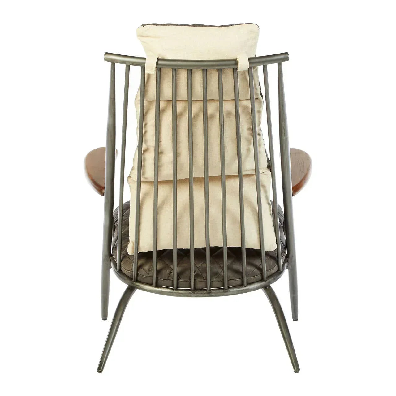 Metal accent chair with vertical slat back, beige cushion, and wooden armrests rear view