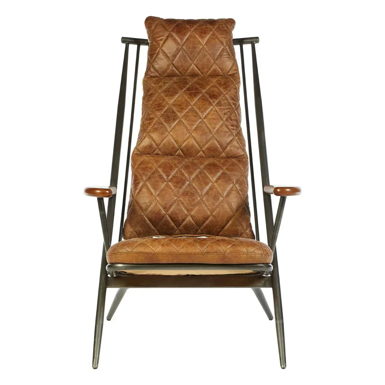 Brown leather armchair with quilted upholstery and metal frame, front view