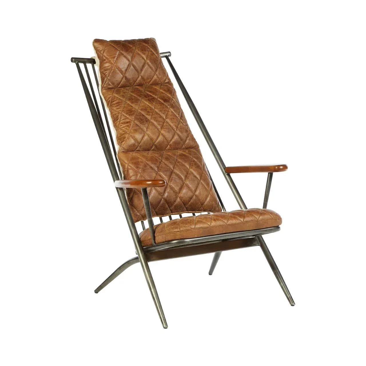 Brown leather accent chair with quilted upholstery and metal frame on white background