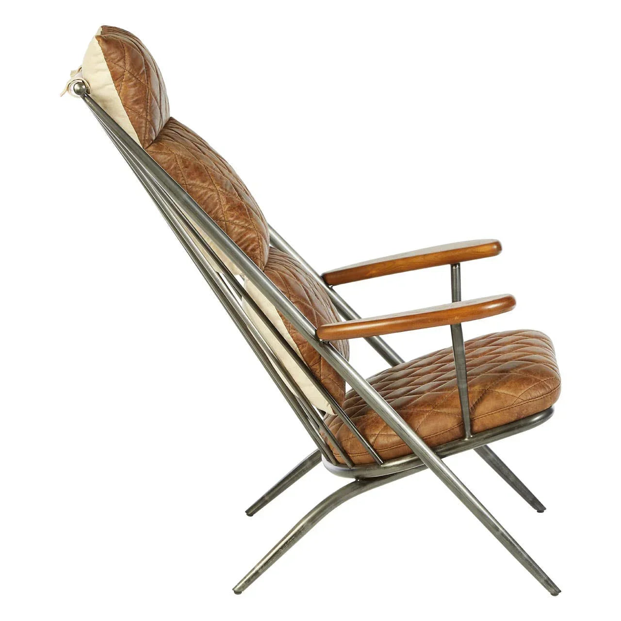 Side view of brown leather accent chair with quilted seat and metal frame