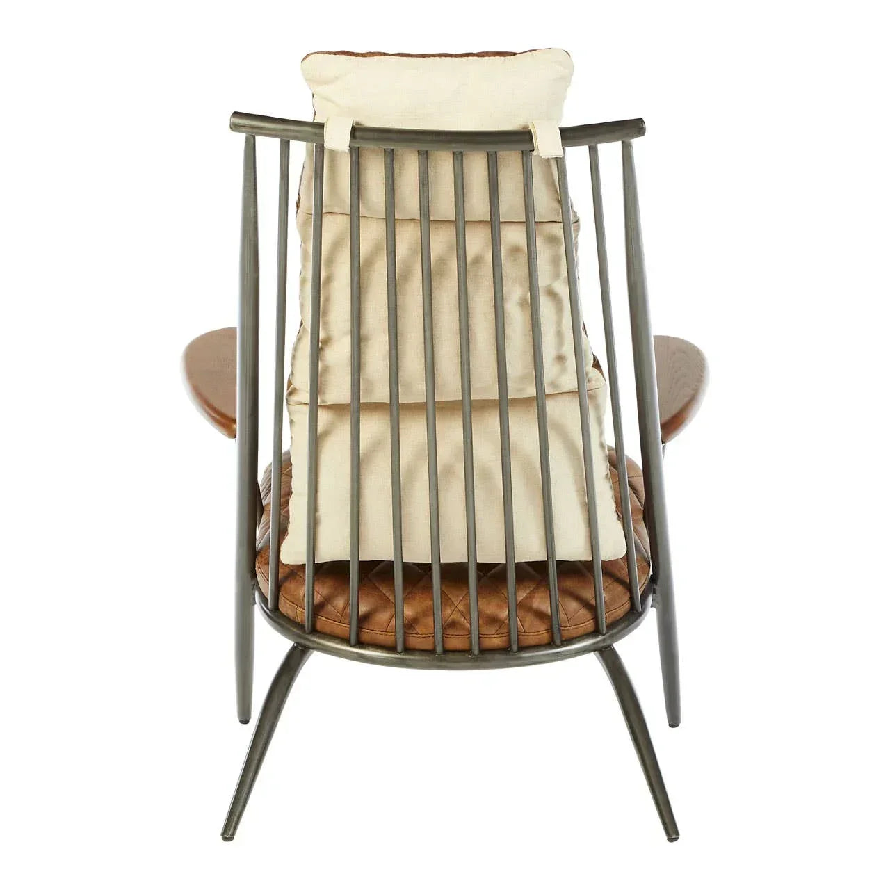 Metal frame accent chair with beige padded back cushion and quilted brown leather seat