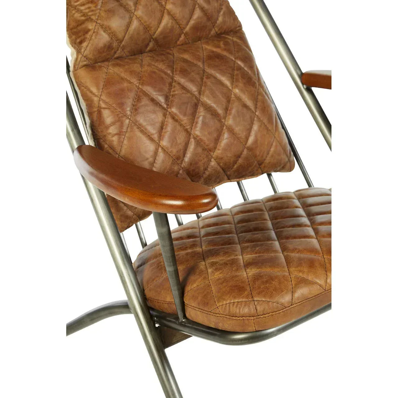 Brown leather armchair with quilted seat, metal frame, and wooden armrest detail